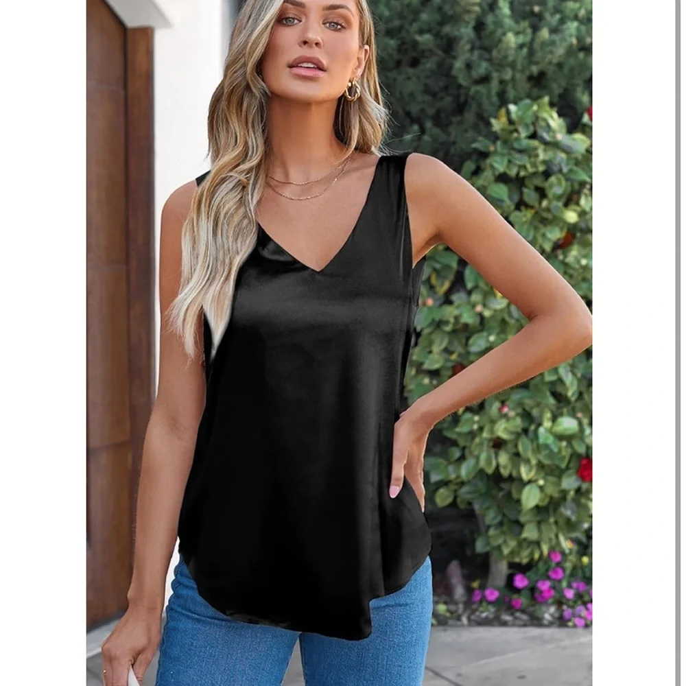 Black Tank Top V Neck Silk Summer Satin Sleeveless Blouses Basic Camisole Shirt